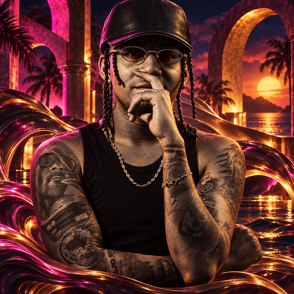 Caribbean Afterlight — retrato conceptual de Andy Alaska generado con IA